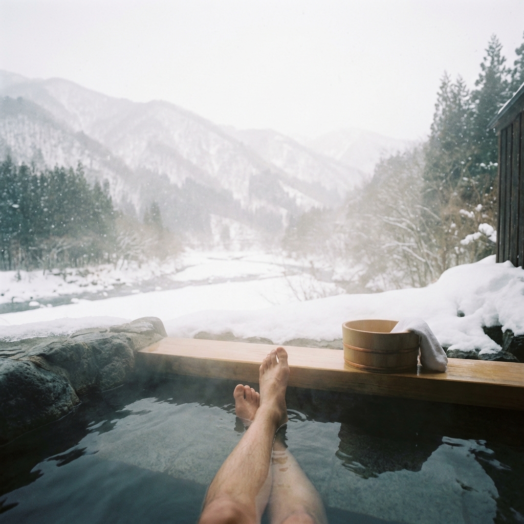 Onsen bath with snow view